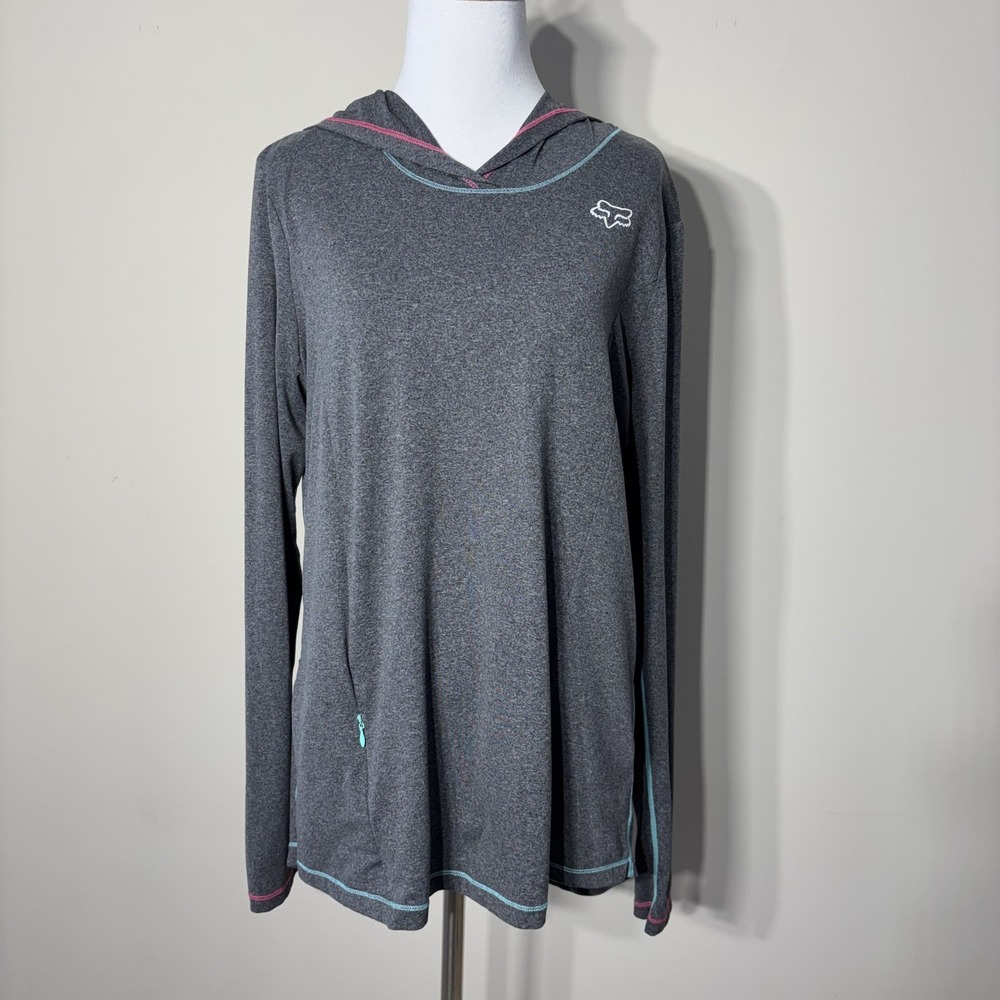 Fox Head Hoodie Top Womens Large Gray Long Sleeve Zip Pocket Graphic Lightweight
